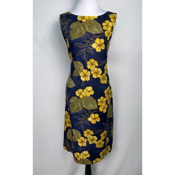 Tommy Bahama 100% Silk Navy & Yellow Floral Midi Dress Size 8 - Picture 1 of 9